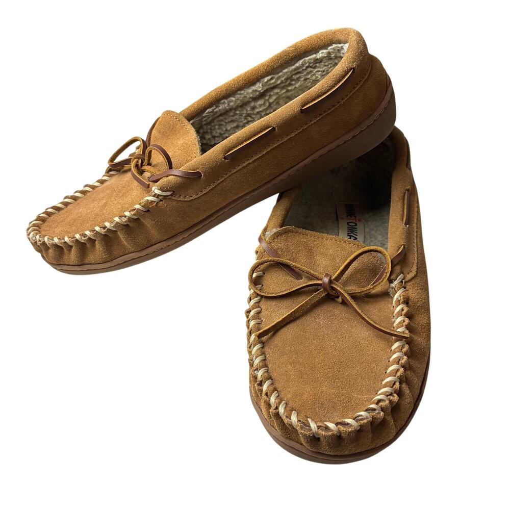 Minnetonka Moccasin Slipper Shoes Men Size 9 Chestnut Leather Slip On READ
